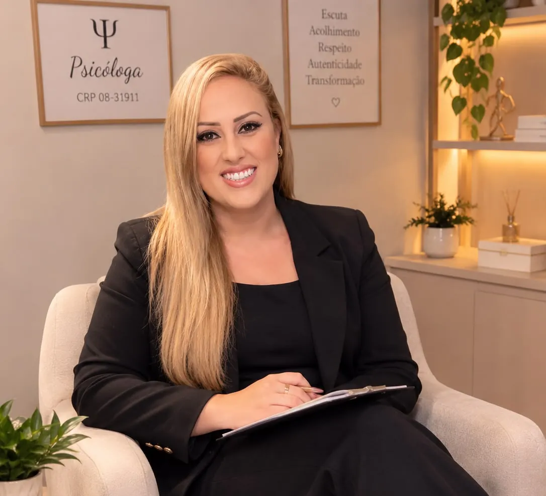 Fernanda Nunes Gonçalves, psicóloga clínica, sentada na poltrona de atendimento com uma prancheta no colo
